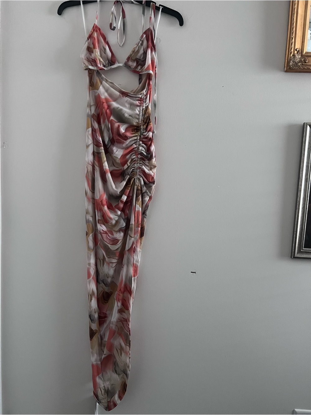Boho Print Cut Out Underboob Ruched Side Slit Going Out Beach Party Maxi NWT XS